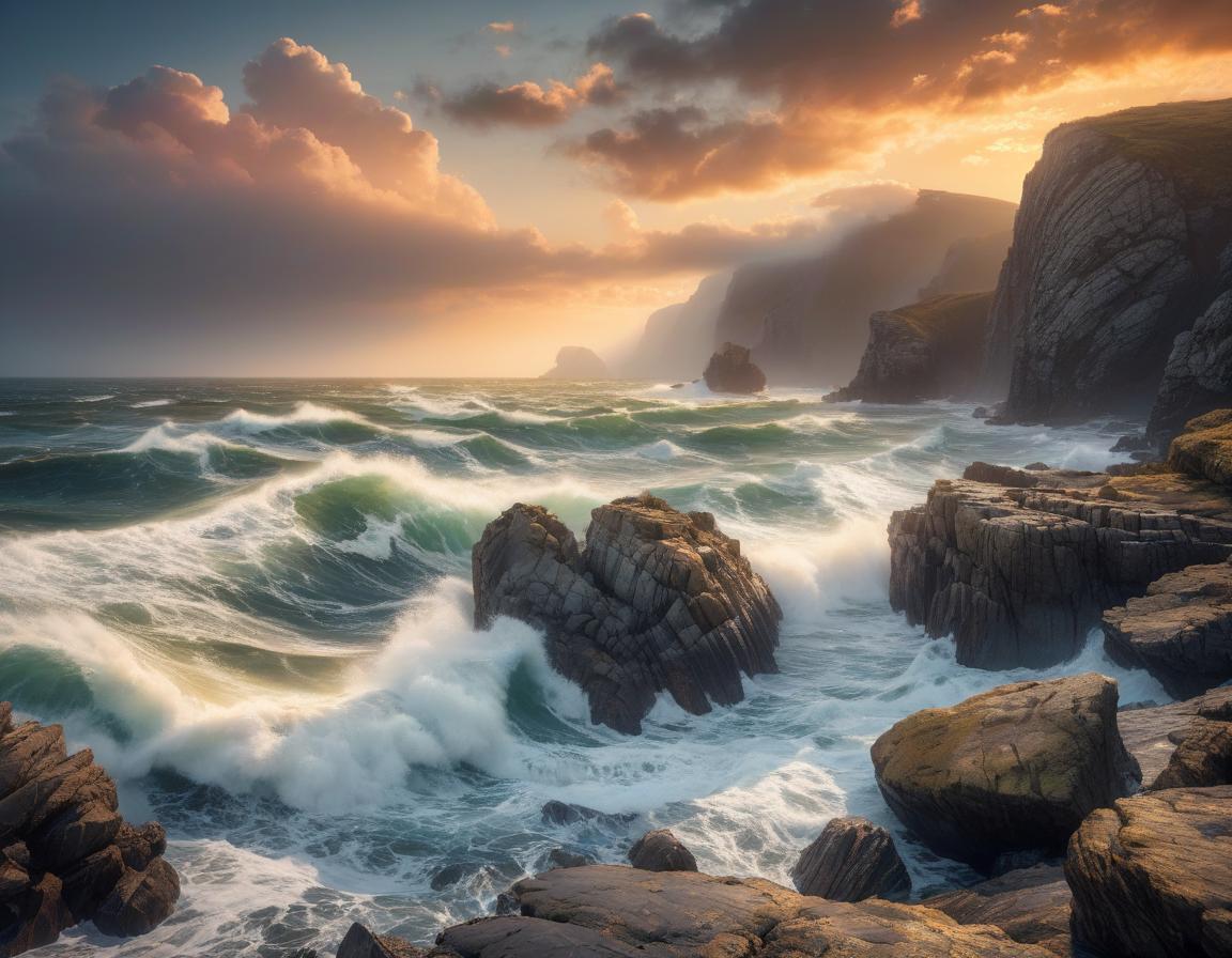  Sunset over a turbulent sea with rolling waves and rocky outcrops under a dramatic sky. Upscaled 4x of a previous dream. Seascape in the style of pictorial art hyperrealistic, full body, detailed clothing, highly detailed, cinematic lighting, stunningly beautiful, intricate, sharp focus, f/1. 8, 85mm, (centered image composition), (professionally color graded), ((bright soft diffused light)), volumetric fog, trending on instagram, trending on tumblr, HDR 4K, 8K