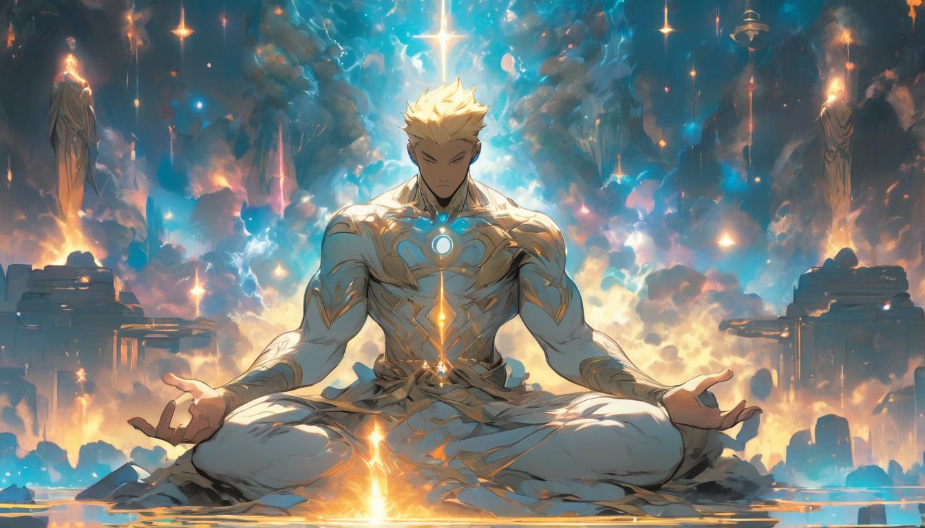  hyperrealism,fantasy aesthetic1man, attractive blonde arian male humanoid, meditating on a stone altar, surrounded by glowing symbols and cosmic energies, earth's landscape visible, transformative and enlightening mood, high tech clothing clad in sleek, futuristic costume with metallic accents and form fitting designs, marvel superhero comics style, unreal engine rendering