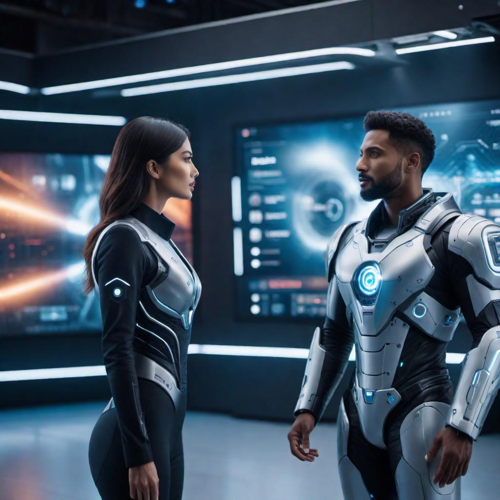  An AI assistant interacting with a user on a digital screen, with a creative and futuristic design. hyperrealistic, full body, detailed clothing, highly detailed, cinematic lighting, stunningly beautiful, intricate, sharp focus, f/1. 8, 85mm, (centered image composition), (professionally color graded), ((bright soft diffused light)), volumetric fog, trending on instagram, trending on tumblr, HDR 4K, 8K