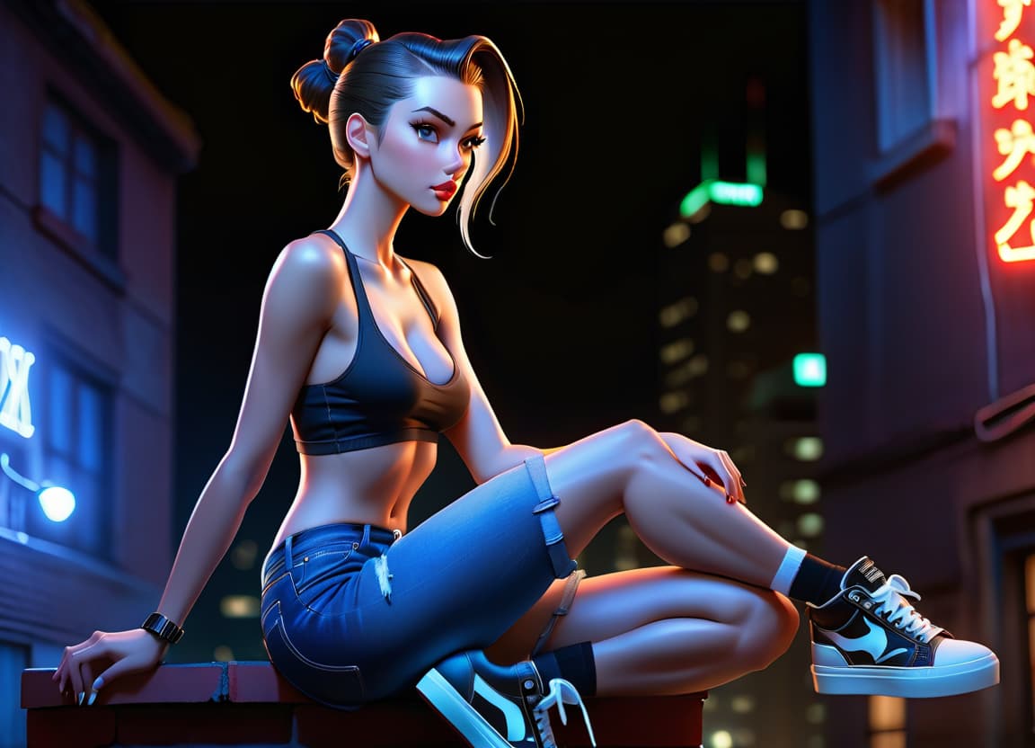  A girl sits on a rooftop against a backdrop of a city at night, her hair is slicked back in a ponytail, her hair is dark, wearing denim shorts and white sneakers, facing profile. hyperrealistic, full body, detailed clothing, highly detailed, cinematic lighting, stunningly beautiful, intricate, sharp focus, f/1. 8, 85mm, (centered image composition), (professionally color graded), ((bright soft diffused light)), volumetric fog, trending on instagram, trending on tumblr, HDR 4K, 8K