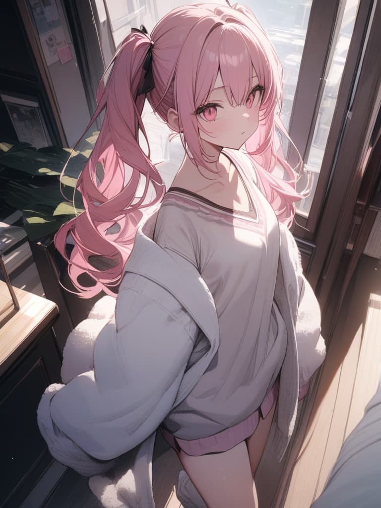  Cute, , young face, thin body, fluffy long hair, twin tails, pink hair color, pink eyes, big s, clothing loose socks, cardigan, masterpiece, best quality,8k,ultra detailed,high resolution,an extremely delicate and beautiful,hyper detail