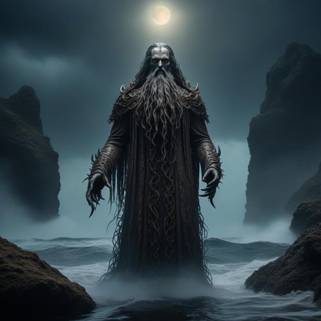  horror themed Ancient god from the abyss, sea, Lovecraft, giant, demon . eerie, unsettling, dark, spooky, suspenseful, grim, highly detailed hyperrealistic, full body, detailed clothing, highly detailed, cinematic lighting, stunningly beautiful, intricate, sharp focus, f/1. 8, 85mm, (centered image composition), (professionally color graded), ((bright soft diffused light)), volumetric fog, trending on instagram, trending on tumblr, HDR 4K, 8K