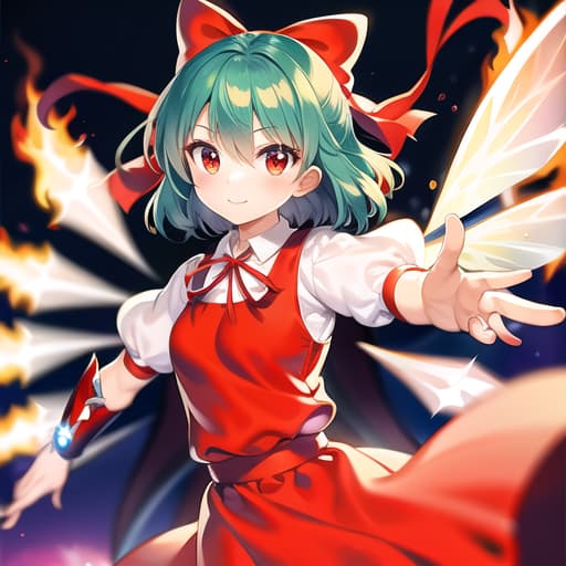  master piece , best quality,1girl, cirno (touhou), short hair, red hair, fire wings, fairy wings, red eyes, bangs, white shirt, collared shirt, puffy short sleeves, red dress, pinafore dress, blue ribbon, neck ribbon, red bow, green bow, hair bow, bow,