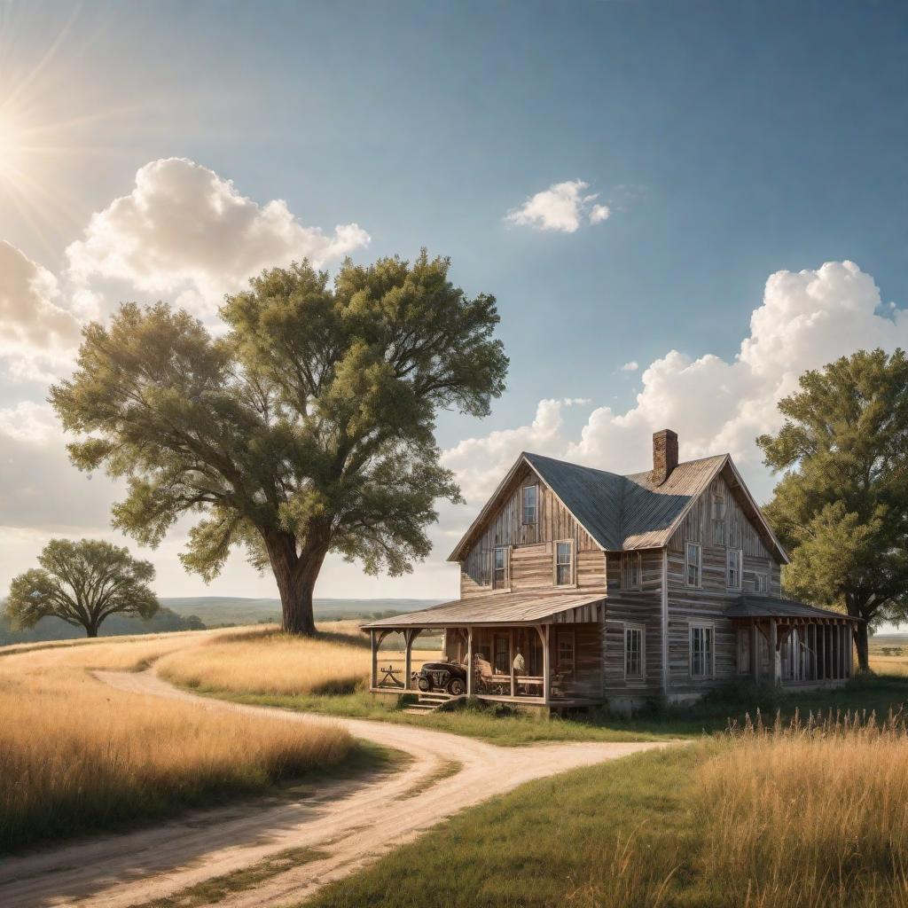  A cartoon-style illustration of a picturesque farmhouse in Oklahoma. The farmhouse is a rustic, two-story building made of weathered wood and white trim. Surrounding the house are open fields with some scattered trees, and in the background, there are rolling hills. The farmhouse has a porch with a wooden rocking chair, and a vintage truck is parked nearby. The sky is blue with a few fluffy white clouds, and the sun is shining brightly, casting warm light over the scene. hyperrealistic, full body, detailed clothing, highly detailed, cinematic lighting, stunningly beautiful, intricate, sharp focus, f/1. 8, 85mm, (centered image composition), (professionally color graded), ((bright soft diffused light)), volumetric fog, trending on instagram, trending on tumblr, HDR 4K, 8K