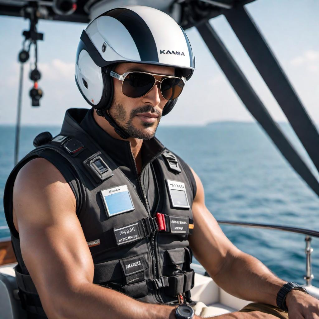  A person wearing sunglasses and a helmet with the name 'SKANSKA' printed on it, sitting on a boat. The person is wearing a reflective vest and is near a steering wheel and other boat instruments. In the background, there is a calm sea with other boats visible. hyperrealistic, full body, detailed clothing, highly detailed, cinematic lighting, stunningly beautiful, intricate, sharp focus, f/1. 8, 85mm, (centered image composition), (professionally color graded), ((bright soft diffused light)), volumetric fog, trending on instagram, trending on tumblr, HDR 4K, 8K