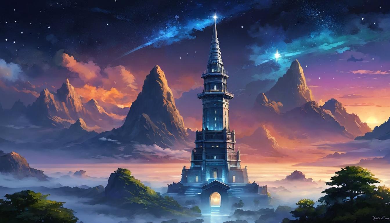  digital painting of Tower reaching celestial heights, starry night sky, ethereal glow, timeless emblem, sense of aspiration, humanity aiming for the stars looking at viewer, dynamic pose, (intricate details, masterpiece, best quality)