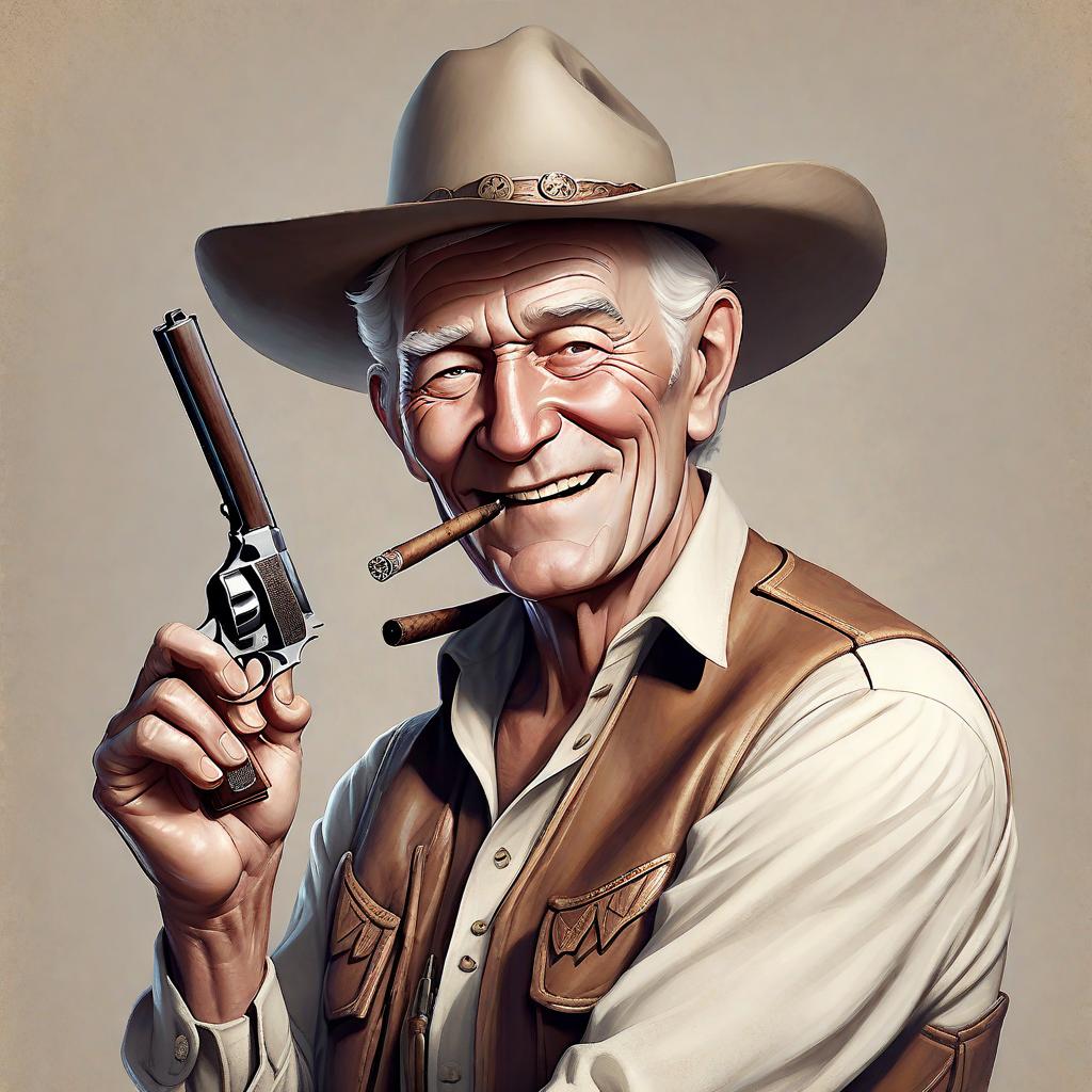  A white old man , with cowboy hat , holding a gun and a cigar , with smiling face