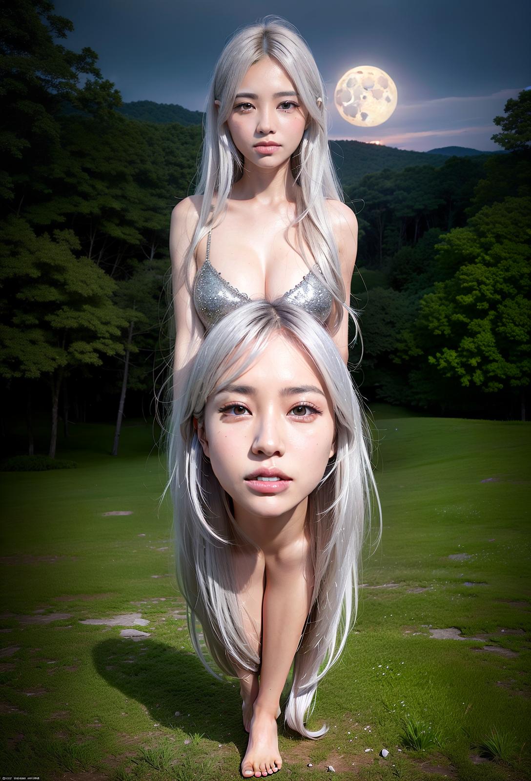  High resolution, 4K, ultra high quality, wilderness, full moon, moonlight, stand barefoot on Kusano, big smiles, big eyes, actresses, transcendental beauty, long hair, light silver hair, (Masterpiece, BestQuality:1.3), (ultra detailed:1.2), (hyperrealistic:1.3), (RAW photo:1.2),High detail RAW color photo, professional photograph, (Photorealistic:1.4), (realistic:1.4), ,professional lighting, (japanese), beautiful face, (realistic face)