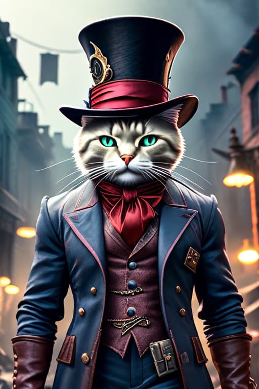  Cat animal with mad hatters hat with evil grin and a post apocalyptic environment and scar on his face hyperrealistic, full body, detailed clothing, highly detailed, cinematic lighting, stunningly beautiful, intricate, sharp focus, f/1. 8, 85mm, (centered image composition), (professionally color graded), ((bright soft diffused light)), volumetric fog, trending on instagram, trending on tumblr, HDR 4K, 8K