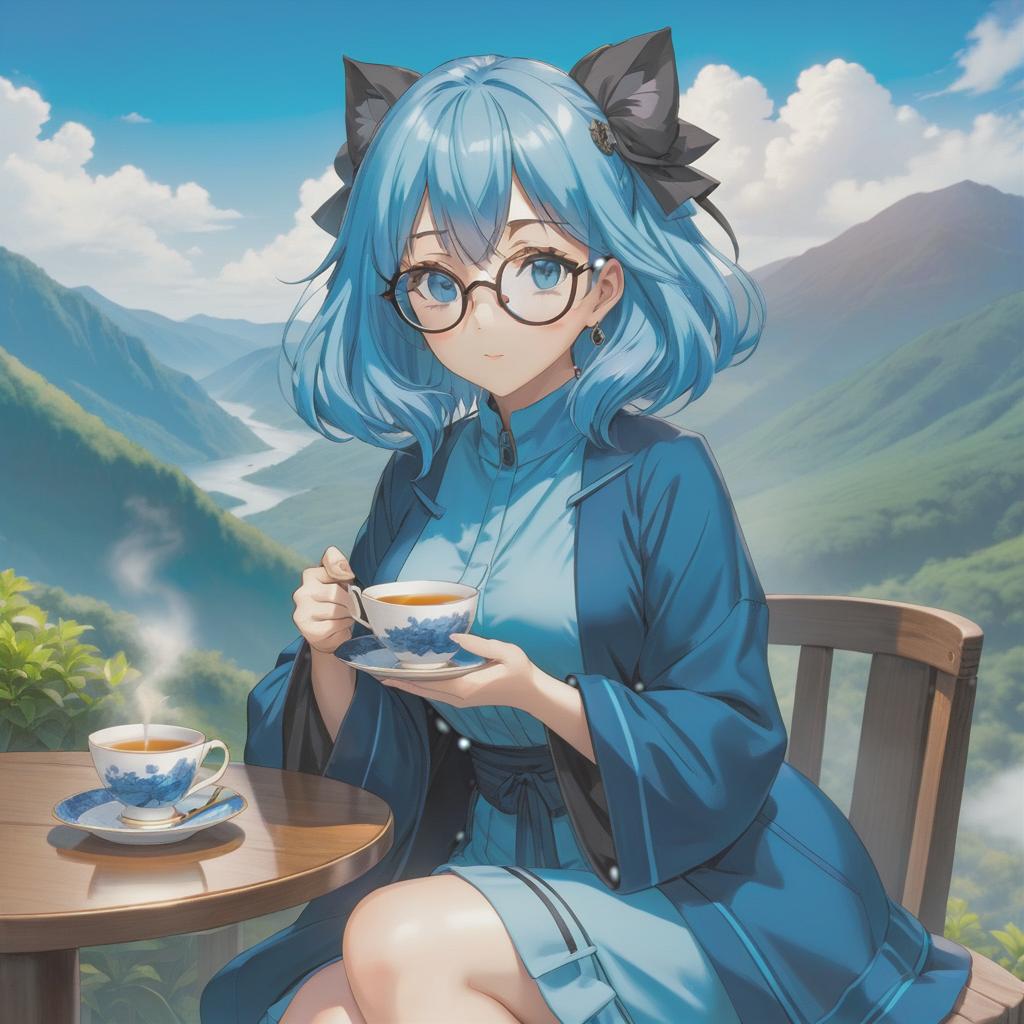  minimalist style anime girl , sketch, with tea cup,portrait mode, in blue colors, with round glasses, blue hair, casual style, old pic, carré hairstyle, hills and blue sky on background, . simple, clean, uncluttered, modern, elegant hyperrealistic, full body, detailed clothing, highly detailed, cinematic lighting, stunningly beautiful, intricate, sharp focus, f/1. 8, 85mm, (centered image composition), (professionally color graded), ((bright soft diffused light)), volumetric fog, trending on instagram, trending on tumblr, HDR 4K, 8K