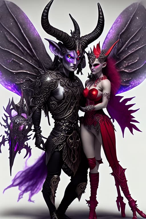  Purpe and silver fairy queen with red eyes, horns and fairy wings in flames