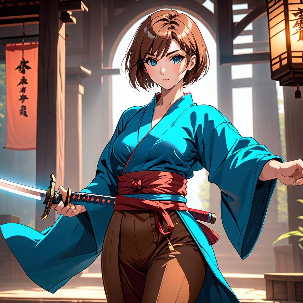  line art drawing A girl in a blue kimono and brown pants. Short haircut. Fights with a sword. Medieval. Anime style. Scratch. Line art. Dynamic pose. . professional, sleek, modern, minimalist, graphic, line art, vector graphics hyperrealistic, full body, detailed clothing, highly detailed, cinematic lighting, stunningly beautiful, intricate, sharp focus, f/1. 8, 85mm, (centered image composition), (professionally color graded), ((bright soft diffused light)), volumetric fog, trending on instagram, trending on tumblr, HDR 4K, 8K