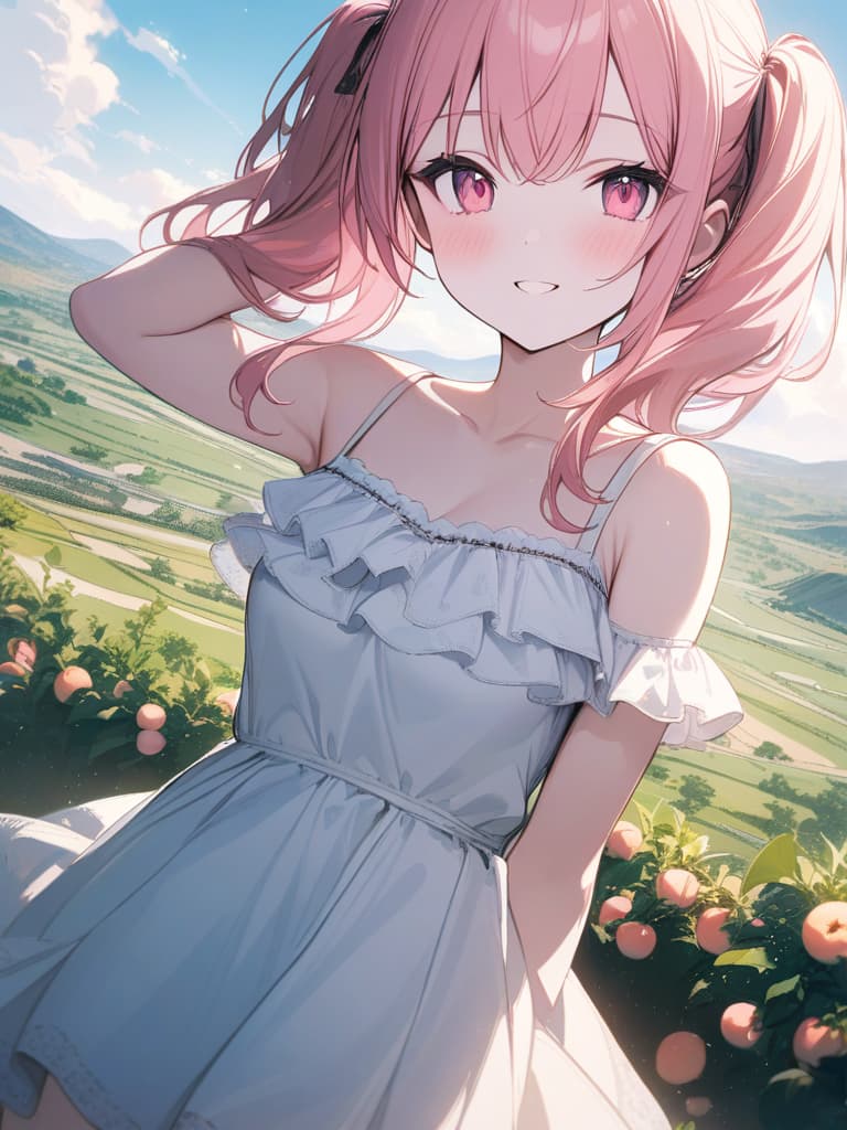  Cute, , pink hair, twin tails, pink eyes, young face, big s, peach, fruits, frill dress, white skin, smiling, camisole, valley, masterpiece, best quality,8k,ultra detailed,high resolution,an extremely delicate and beautiful,hyper detail