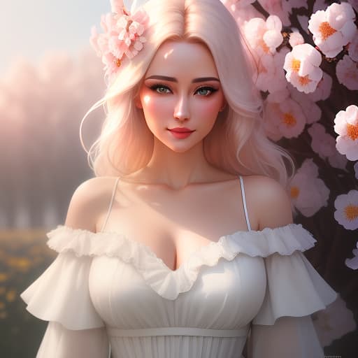  (Masterpiece, acrylic painting: 1.5). Best quality, ultra high res, (photorealistic:1.4), raw photo, 1girl, white dress, off shoulder, blossom flower field, glowing skin, light smile hyperrealistic, full body, detailed clothing, highly detailed, cinematic lighting, stunningly beautiful, intricate, sharp focus, f/1. 8, 85mm, (centered image composition), (professionally color graded), ((bright soft diffused light)), volumetric fog, trending on instagram, trending on tumblr, HDR 4K, 8K