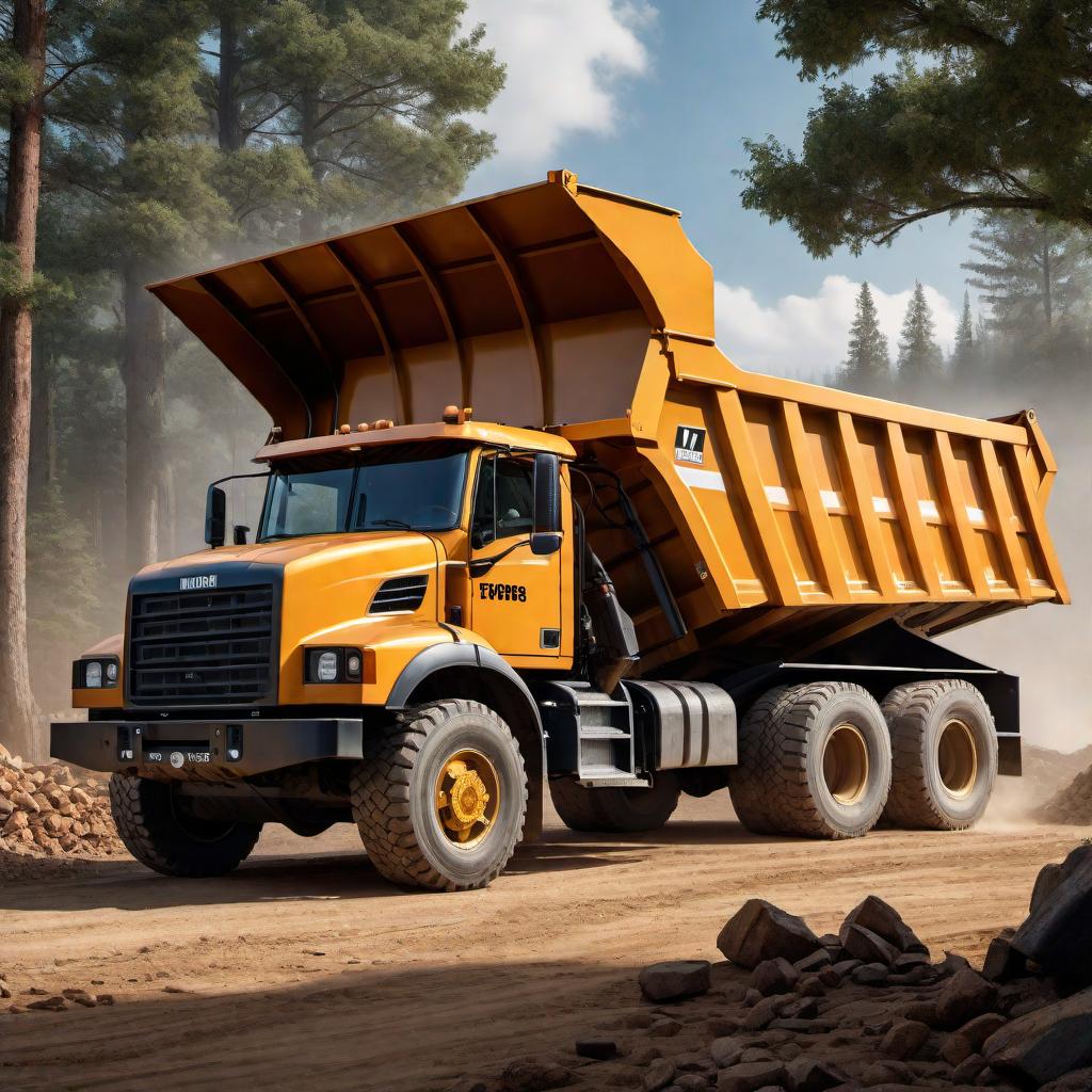  A detailed illustration of a dump truck. Show a large, rugged dump truck with heavy-duty tires, a robust body, and a hydraulic lift system that allows the bed to tilt and unload its cargo. The background can include a construction site or an open landscape, emphasizing the truck's size and functionality. hyperrealistic, full body, detailed clothing, highly detailed, cinematic lighting, stunningly beautiful, intricate, sharp focus, f/1. 8, 85mm, (centered image composition), (professionally color graded), ((bright soft diffused light)), volumetric fog, trending on instagram, trending on tumblr, HDR 4K, 8K