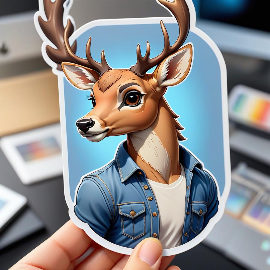  concept art Sticker. Humanized, cute Deer in a blue shirt and jeans. With a white outline around the contour. . digital artwork, illustrative, painterly, matte painting, highly detailed, STICKER hyperrealistic, full body, detailed clothing, highly detailed, cinematic lighting, stunningly beautiful, intricate, sharp focus, f/1. 8, 85mm, (centered image composition), (professionally color graded), ((bright soft diffused light)), volumetric fog, trending on instagram, trending on tumblr, HDR 4K, 8K