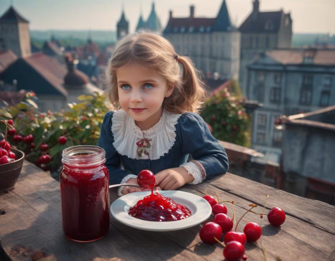  A cheerful Little girl sits at a table and eats cherry jam from a large jar, lives on the roof hyperrealistic, full body, detailed clothing, highly detailed, cinematic lighting, stunningly beautiful, intricate, sharp focus, f/1. 8, 85mm, (centered image composition), (professionally color graded), ((bright soft diffused light)), volumetric fog, trending on instagram, trending on tumblr, HDR 4K, 8K