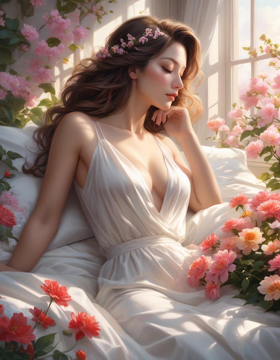  concept art A woman is peacefully asleep amid white sheets and blooming flowers, with soft light streaming through a window. a woman laying on top of a bed next to a window, a photorealistic painting, inspired by Magali Villeneuve, trending on Artstation, fantasy art, girl in a bed of flowers, soft pale golden skin, portrait of a woman sleeping, in the early morning, jingna zhang . digital artwork, illustrative, painterly, matte painting, highly detailed hyperrealistic, full body, detailed clothing, highly detailed, cinematic lighting, stunningly beautiful, intricate, sharp focus, f/1. 8, 85mm, (centered image composition), (professionally color graded), ((bright soft diffused light)), volumetric fog, trending on instagram, trending on tumblr, HDR 4K, 8K