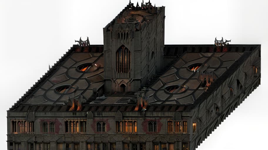 dvarchmodern The Middle Ages, a building of demons, a building in good condition hyperrealistic, full body, detailed clothing, highly detailed, cinematic lighting, stunningly beautiful, intricate, sharp focus, f/1. 8, 85mm, (centered image composition), (professionally color graded), ((bright soft diffused light)), volumetric fog, trending on instagram, trending on tumblr, HDR 4K, 8K