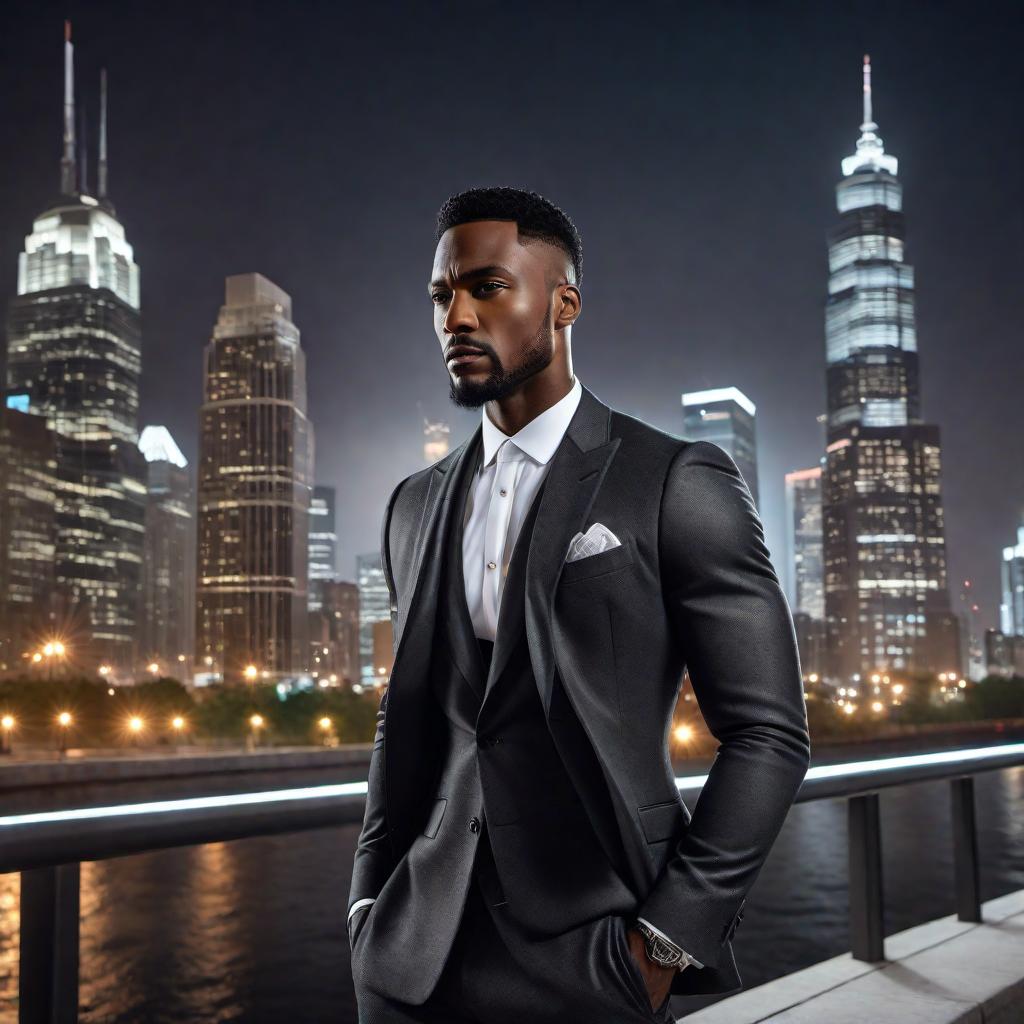  A well-dressed black man from the urban era. He is stylishly dressed in fashionable urban attire, exuding confidence and sophistication. The background features a city skyline with modern buildings and street lights, capturing the essence of urban lifestyle. hyperrealistic, full body, detailed clothing, highly detailed, cinematic lighting, stunningly beautiful, intricate, sharp focus, f/1. 8, 85mm, (centered image composition), (professionally color graded), ((bright soft diffused light)), volumetric fog, trending on instagram, trending on tumblr, HDR 4K, 8K