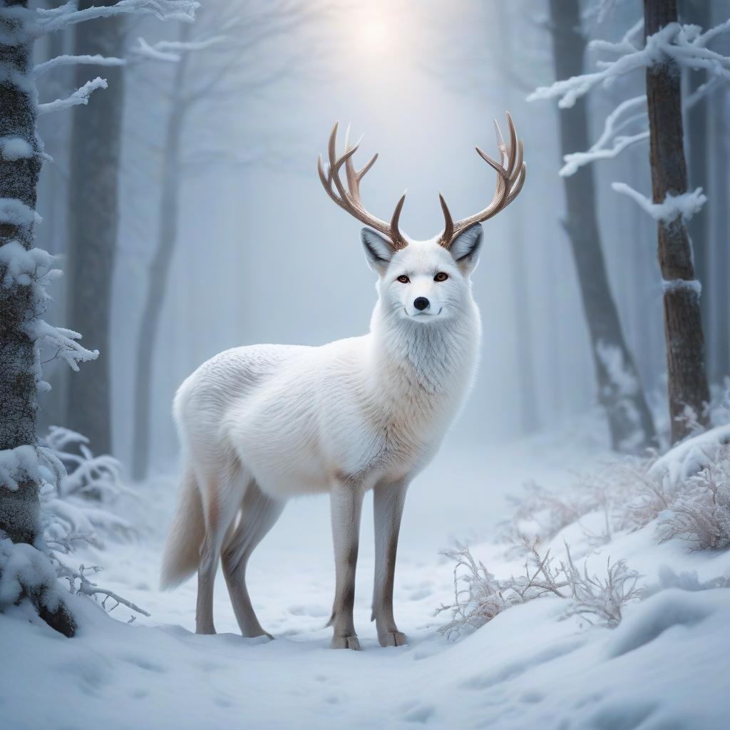  A polar fox with huge white deer antlers hyperrealistic, full body, detailed clothing, highly detailed, cinematic lighting, stunningly beautiful, intricate, sharp focus, f/1. 8, 85mm, (centered image composition), (professionally color graded), ((bright soft diffused light)), volumetric fog, trending on instagram, trending on tumblr, HDR 4K, 8K