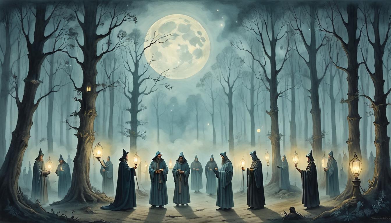  on parchment, surrealism+++, A moonlit forest clearing, figures in robes, holding glowing lanterns, standing in a circle, gentle fog around, sense of community, divine presence, unity(mysterious, provocative, symbolic,muted color)+++