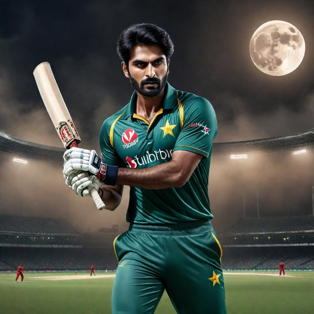  A Pakistani cricketer playing cricket with vampires on a dark night with a full moon at a cricket stadium hyperrealistic, full body, detailed clothing, highly detailed, cinematic lighting, stunningly beautiful, intricate, sharp focus, f/1. 8, 85mm, (centered image composition), (professionally color graded), ((bright soft diffused light)), volumetric fog, trending on instagram, trending on tumblr, HDR 4K, 8K