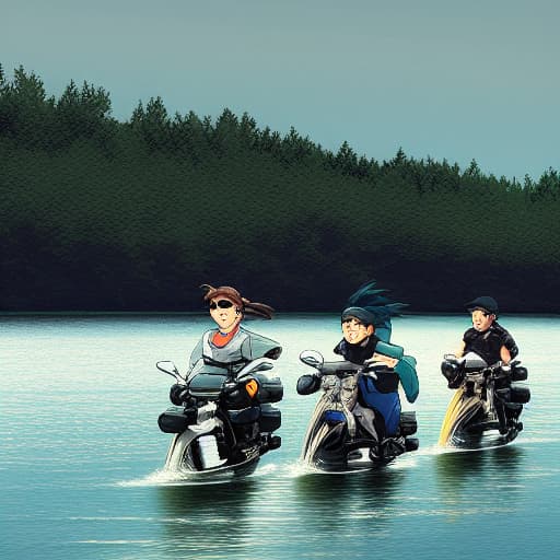  Three motor cyclists on a boat