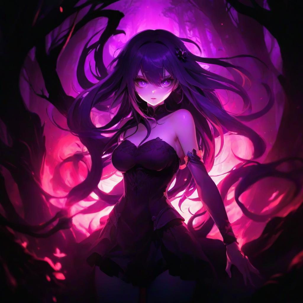  a woman with long hair standing in front of a purple light, official splash art, black intense eyes, maniac, channeling mana, eden, an evil forest, anemone, amoled wallpaper, merlin, on, by Constant hyperrealistic, full body, detailed clothing, highly detailed, cinematic lighting, stunningly beautiful, intricate, sharp focus, f/1. 8, 85mm, (centered image composition), (professionally color graded), ((bright soft diffused light)), volumetric fog, trending on instagram, trending on tumblr, HDR 4K, 8K