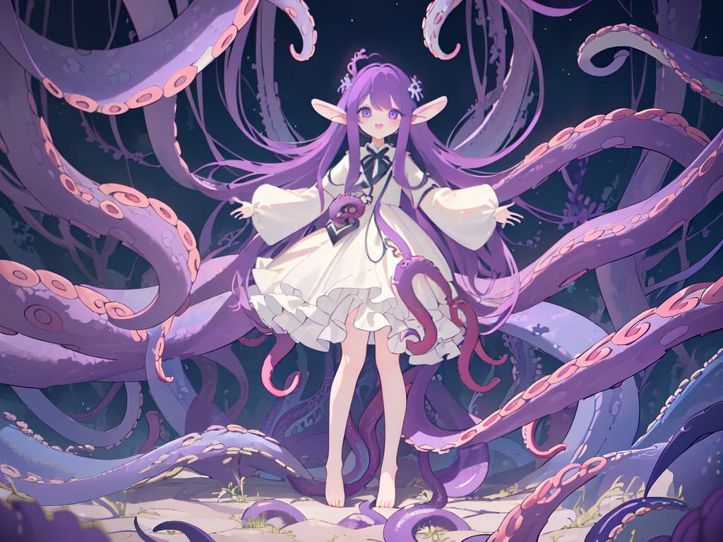  ((full body)),Open mouth,(best quality:1.4、masterpiece:1.4)、((limbs entangled in tentacles))、half eyes、purple hair、ジト目, masterpiece, best quality,8k,ultra detailed,high resolution,an extremely delicate and beautiful,hyper detail