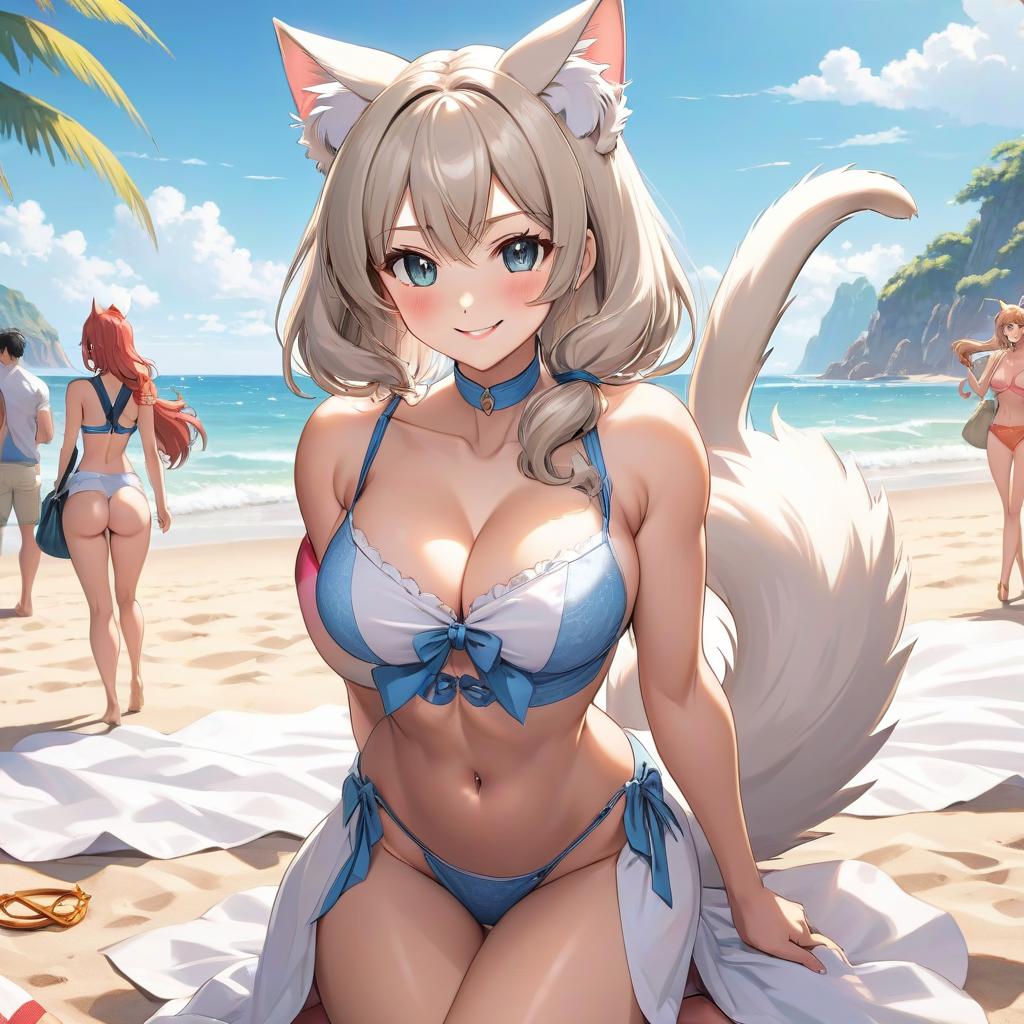  anime artwork A nine yea , a beautiful face, perfect body shape, large bust, cat like ears, smiling, press, muscular legs and arms, wide shoulders, 8k, , on the beach, summer. . anime style, key visual, vint, studio anime, highly detailed hyperrealistic, full body, detailed clothing, highly detailed, cinematic lighting, stunningly beautiful, intricate, sharp focus, f/1. 8, 85mm, (centered image composition), (professionally color graded), ((bright soft diffused light)), volumetric fog, trending on instagram, trending on tumblr, HDR 4K, 8K