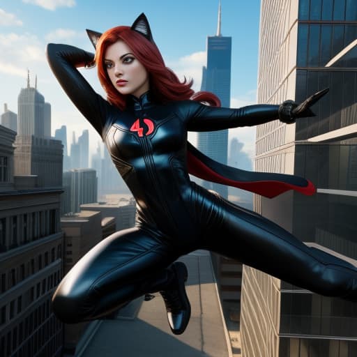  Marvel is a super villain Blackcat , a female cat burglar, a beautiful woman in black bodysuit ,very amazing jumping on rooftops. She's a strong martial artist,, (masterpiece, best quality), intricate details, HDR 4K, 8K