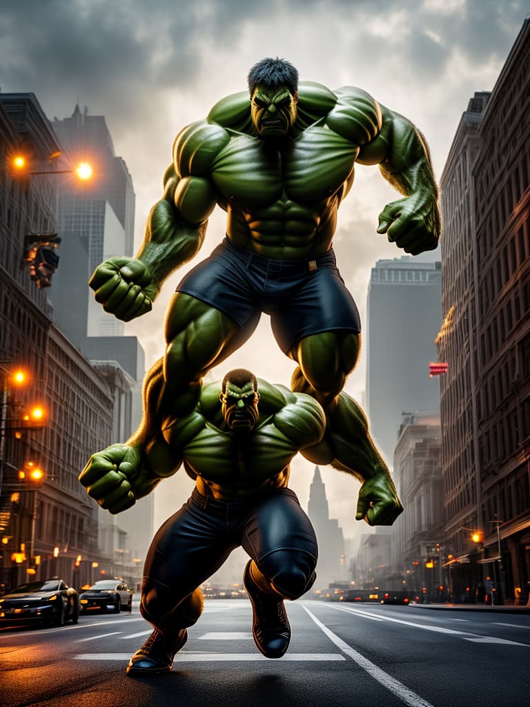  Hulk hyperrealistic, full body, detailed clothing, highly detailed, cinematic lighting, stunningly beautiful, intricate, sharp focus, f/1. 8, 85mm, (centered image composition), (professionally color graded), ((bright soft diffused light)), volumetric fog, trending on instagram, trending on tumblr, HDR 4K, 8K