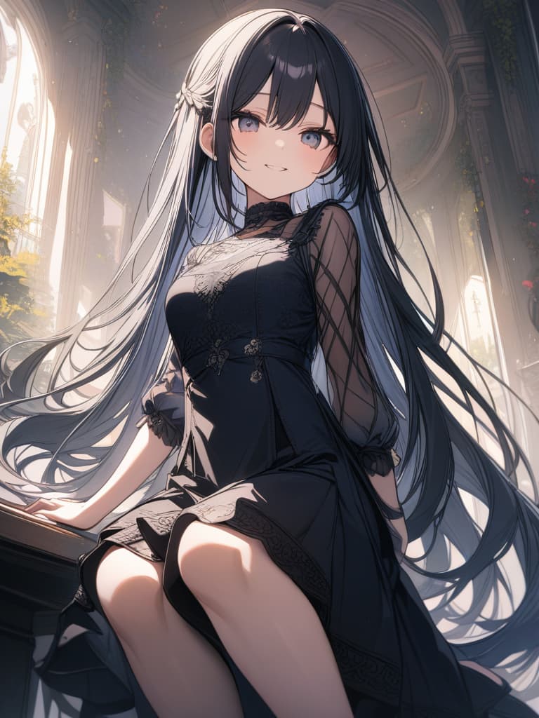  Children, dress, black hair, super long hair, smile, masterpiece, best quality,8k,ultra detailed,high resolution,an extremely delicate and beautiful,hyper detail