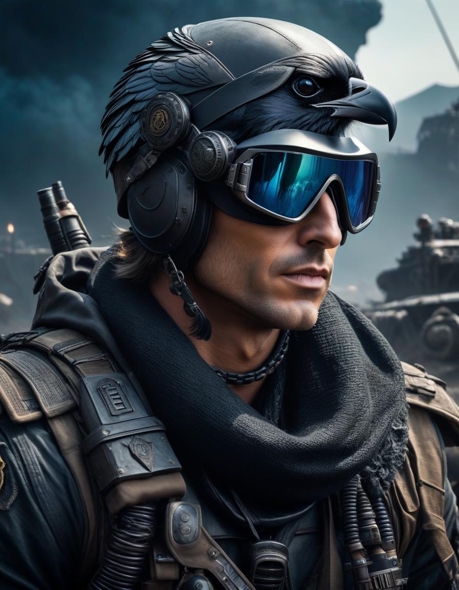  (post apocalyptic futurism: 8.4), dark fantasy, ((raider)), raven dyed hair, pixie hairstyle, shemagh covering his face, sitting on (futuristic military equipment: 1.3), radioactive wasteland background, mutated animals. UHD hyperrealistic, full body, detailed clothing, highly detailed, cinematic lighting, stunningly beautiful, intricate, sharp focus, f/1. 8, 85mm, (centered image composition), (professionally color graded), ((bright soft diffused light)), volumetric fog, trending on instagram, trending on tumblr, HDR 4K, 8K