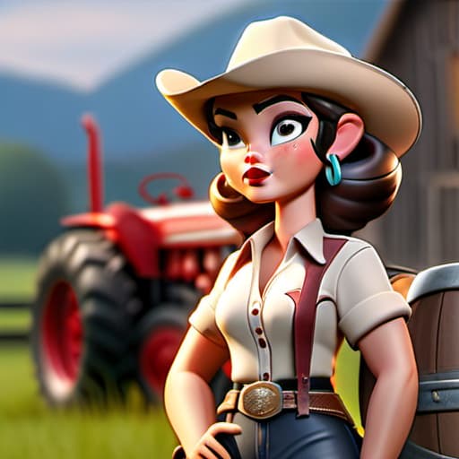  Chubby USA girl in wearing Cowboy clothes portrait at farm, bulls in Background, Tractor in background, Clean face details hyperrealistic, full body, detailed clothing, highly detailed, cinematic lighting, stunningly beautiful, intricate, sharp focus, f/1. 8, 85mm, (centered image composition), (professionally color graded), ((bright soft diffused light)), volumetric fog, trending on instagram, trending on tumblr, HDR 4K, 8K