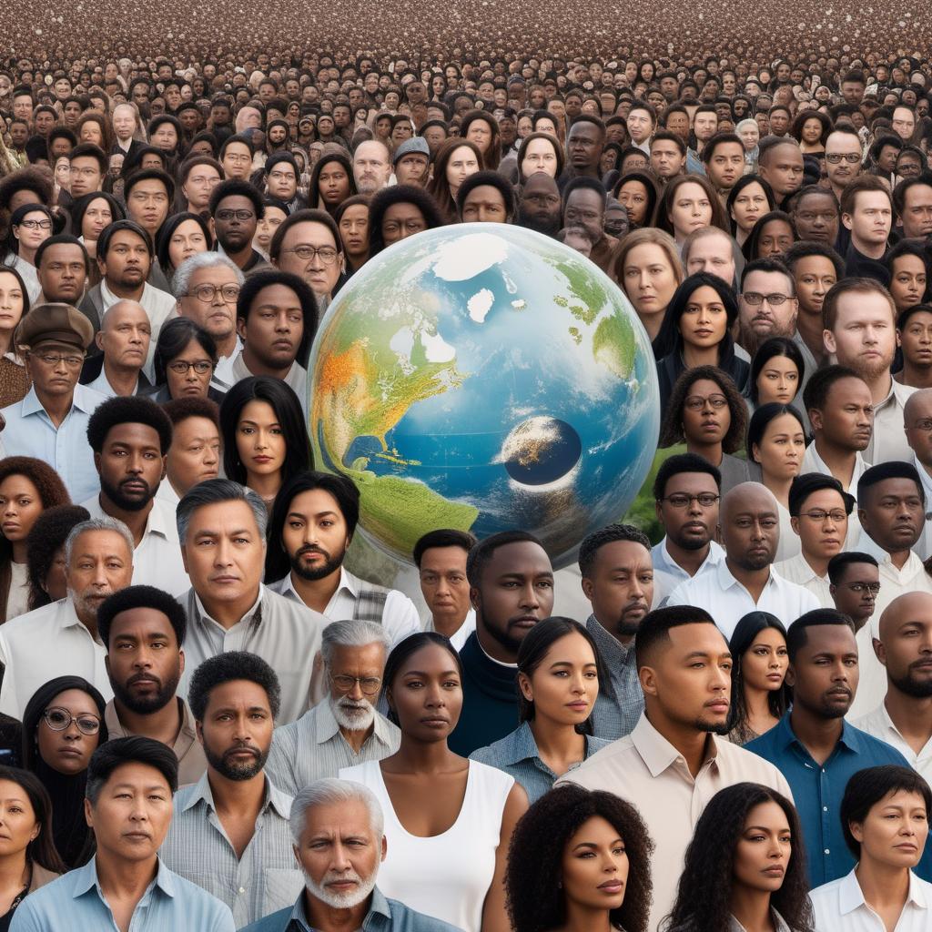  An intense image of thousands of people’s heads—white people, black people, Chinese people, brown people, and Indian people—joined together in solidarity, praying for peace on Earth. The heads should be detailed and varied, showcasing people of different ethnicities with eyes closed and expressions of hope and prayer. The background should consist of many countries merged together from all over the world, symbolizing a united planet. The image should evoke a strong sense of togetherness and hope for global peace. hyperrealistic, full body, detailed clothing, highly detailed, cinematic lighting, stunningly beautiful, intricate, sharp focus, f/1. 8, 85mm, (centered image composition), (professionally color graded), ((bright soft diffused light)), volumetric fog, trending on instagram, trending on tumblr, HDR 4K, 8K