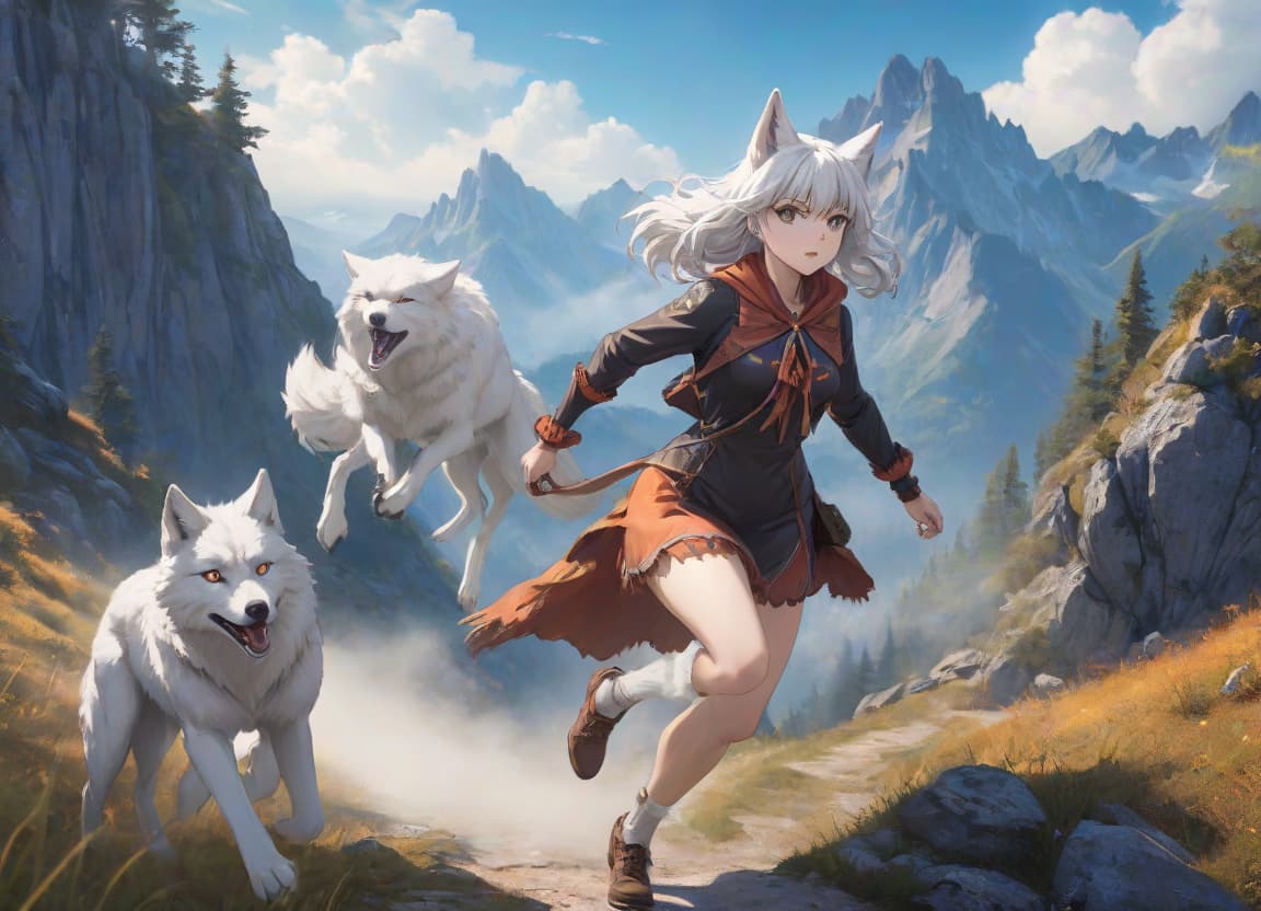  anime artwork A white lycanthrope girl, with wolf legs and hands, a human face, runs through the mountains. . anime style, key visual, vibrant, studio anime, highly detailed hyperrealistic, full body, detailed clothing, highly detailed, cinematic lighting, stunningly beautiful, intricate, sharp focus, f/1. 8, 85mm, (centered image composition), (professionally color graded), ((bright soft diffused light)), volumetric fog, trending on instagram, trending on tumblr, HDR 4K, 8K