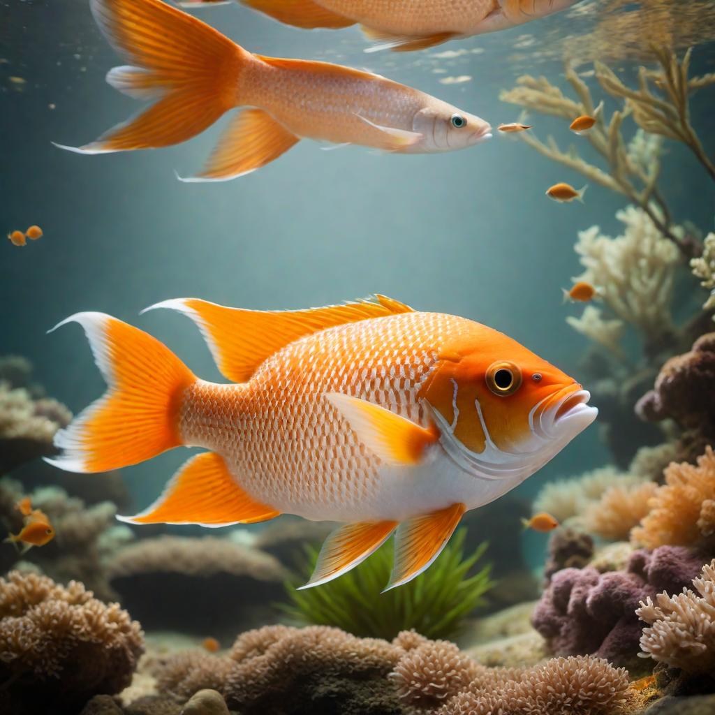  An image of an orange and white fish in a dream-like setting hyperrealistic, full body, detailed clothing, highly detailed, cinematic lighting, stunningly beautiful, intricate, sharp focus, f/1. 8, 85mm, (centered image composition), (professionally color graded), ((bright soft diffused light)), volumetric fog, trending on instagram, trending on tumblr, HDR 4K, 8K