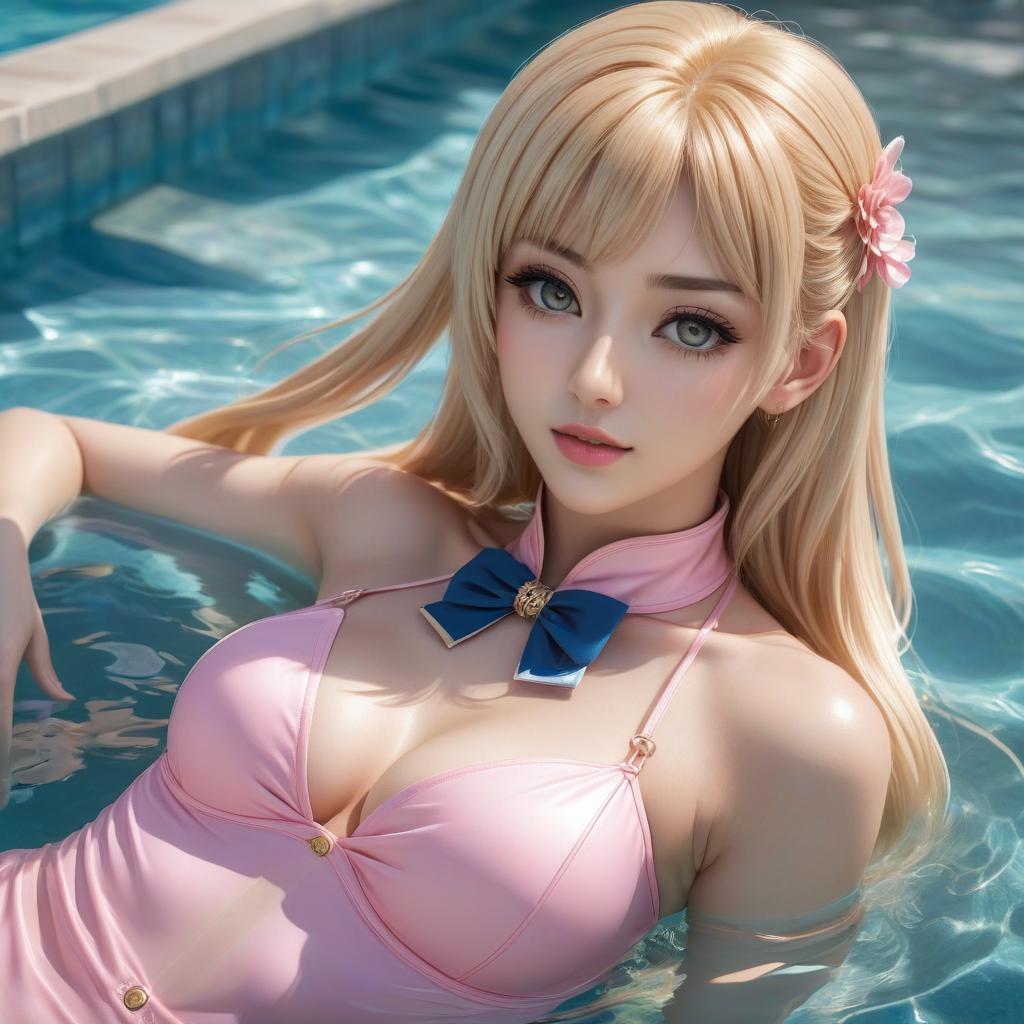  anime artwork A young with long blond hair lies in the pool, wearing a pink , her s, fully s. . anime style, key visual, vint, studio anime, highly detailed hyperrealistic, full body, detailed clothing, highly detailed, cinematic lighting, stunningly beautiful, intricate, sharp focus, f/1. 8, 85mm, (centered image composition), (professionally color graded), ((bright soft diffused light)), volumetric fog, trending on instagram, trending on tumblr, HDR 4K, 8K