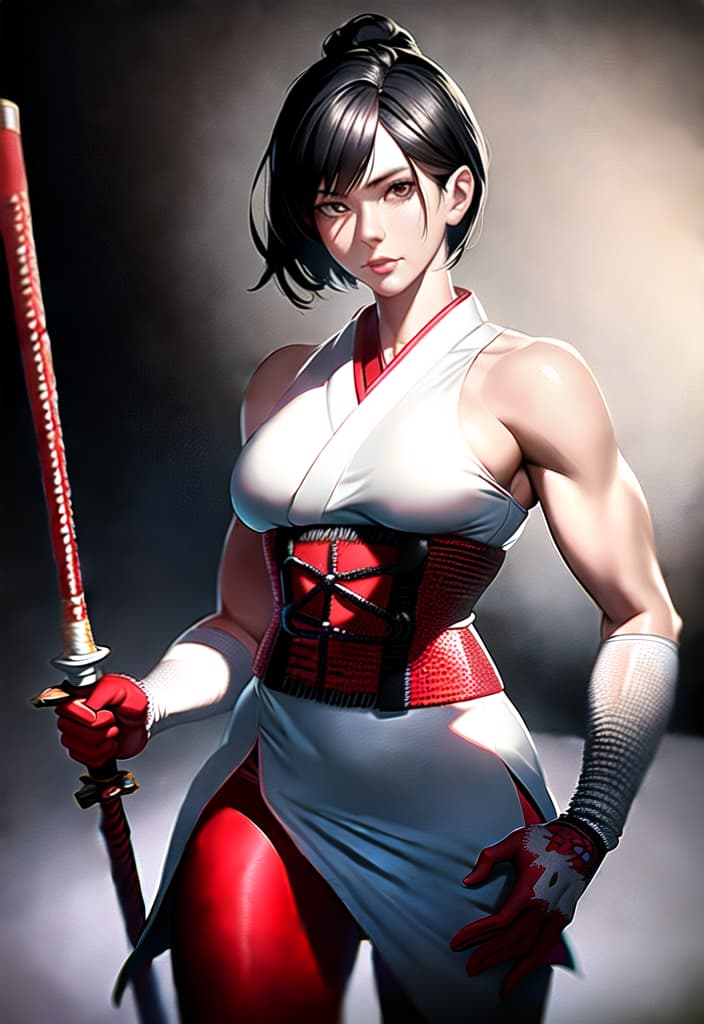  Black hair, berry short hair, beautiful woman, white dress shirt, Japanese samurai red armor, black leather pants, muscles, Japanese swords, head to thighs, (Masterpiece, BestQuality:1.3), (ultra detailed:1.2), (hyperrealistic:1.3), (RAW photo:1.2),High detail RAW color photo, professional photograph, (Photorealistic:1.4), (realistic:1.4), ,professional lighting, (japanese), beautiful face, (realistic face)