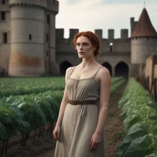  Cinematic Film Still, Medieval \(setting\), beautiful peasant woman, auburn hair, short braid hairstyle, pale skin, [light freckles], outdoors, picking crops, field, gloomy, overcast, cool color temperature, detailed skin texture, wearing soft linen Chemise, dramatic, dirty, castle wall in background, solo, cinematic lighting, muted color palette, shadow, 50mm, F/5.6 lens, ISO 1000, (extremely detailed), grim, gritty, Movie Still from Kingdom Come hyperrealistic, full body, detailed clothing, highly detailed, cinematic lighting, stunningly beautiful, intricate, sharp focus, f/1. 8, 85mm, (centered image composition), (professionally color graded), ((bright soft diffused light)), volumetric fog, trending on instagram, trending on tumblr, HDR 4K, 8K