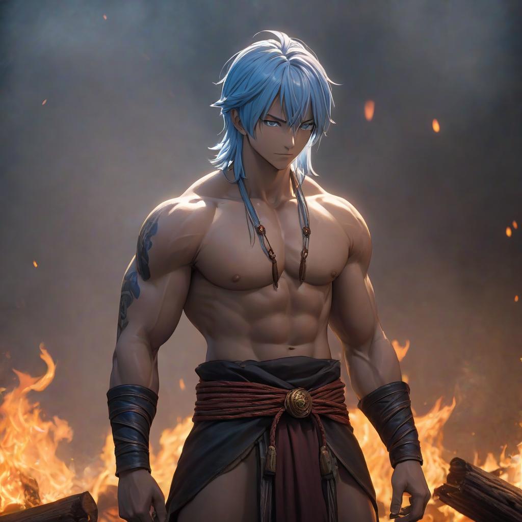  a man that is standing in front of a fire, profile shot of rimuru tempest, muscular character, official artwork, youtube thumbnail, burning bright, ribcage, monk, high detailed official artwork, ascended, inspired by David Budd, streaming hyperrealistic, full body, detailed clothing, highly detailed, cinematic lighting, stunningly beautiful, intricate, sharp focus, f/1. 8, 85mm, (centered image composition), (professionally color graded), ((bright soft diffused light)), volumetric fog, trending on instagram, trending on tumblr, HDR 4K, 8K