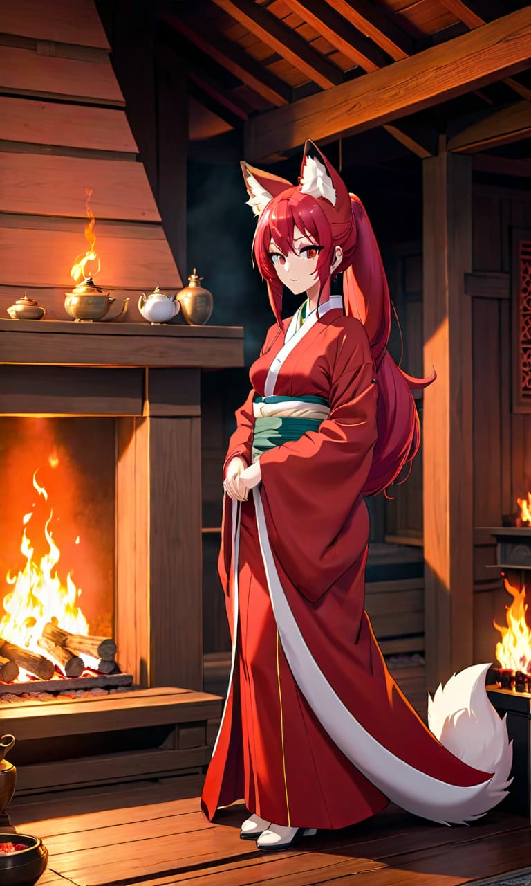  anime artwork A slim girl, with red hair, full grown, with reddish fox like ears and nine reddish fox tails, stands near the fireplace in a wooden house wearing a medical kimono. . anime style, key visual, vibrant, studio anime, highly detailed hyperrealistic, full body, detailed clothing, highly detailed, cinematic lighting, stunningly beautiful, intricate, sharp focus, f/1. 8, 85mm, (centered image composition), (professionally color graded), ((bright soft diffused light)), volumetric fog, trending on instagram, trending on tumblr, HDR 4K, 8K