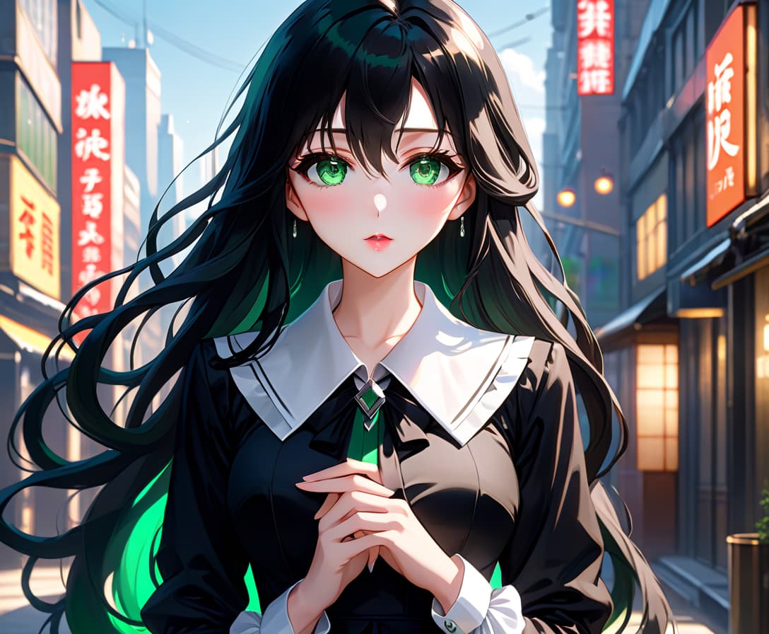  anime artwork beautiful , , green eyes, long black wavy hair, slender figure, small neat s, dressed in a black dress with a white collar and white cuffs, full length, against the backdrop of a modern city. (photorealism, oil painting: 1.3), (full length shot: 1.3), mesmerizing , long flowing black hair, (large sensual mouth: 1.2), plump lips, sparkling emerald eyes, narrow waist, (sensual figure: 1,2), silvery glow, ethereal aura, detailed brushwork, intricate shadows and highlights, mysterious and captivating expression, unique color palette, masterful use of light and shadow, captivating atmosphere, raw emotion, intense gaze, dynamic composition . . anime style, key visual, vint, studio anime, highly d hyperrealistic, full body, detailed clothing, highly detailed, cinematic lighting, stunningly beautiful, intricate, sharp focus, f/1. 8, 85mm, (centered image composition), (professionally color graded), ((bright soft diffused light)), volumetric fog, trending on instagram, trending on tumblr, HDR 4K, 8K