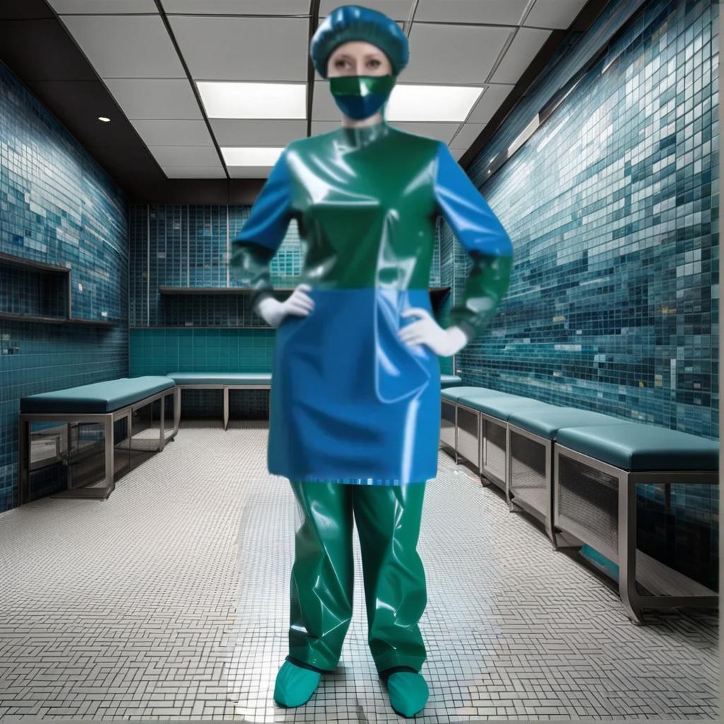  "(hyper detailed), (single woman surgeon standing) in (glossy latex: 1.2) (dark green: 1.1) and (dark blue: 1.2), (full length), (front view ), (full face), standing alone in the locker room of the waiting room in the operating room against the backdrop of a tiled wall there is no one else • posture of the Surgeon: (holds his hands in front of him), (arms extended forward:), ( slightly bent at the elbows), (elbows parallel to the body), (arms also parallel to each other), (hands at head level), (arms pointing down), (fingers slightly apart), • Detailed description: (colors and details of the surgical suit, available only in two color version: • glossy latex • dark green and dark blue, • no other colors). • Surgical suit: (glossy hyperrealistic, full body, detailed clothing, highly detailed, cinematic lighting, stunningly beautiful, intricate, sharp focus, f/1. 8, 85mm, (centered image composition), (professionally color graded), ((bright soft diffused light)), volumetric fog, trending on instagram, trending on tumblr, HDR 4K, 8K