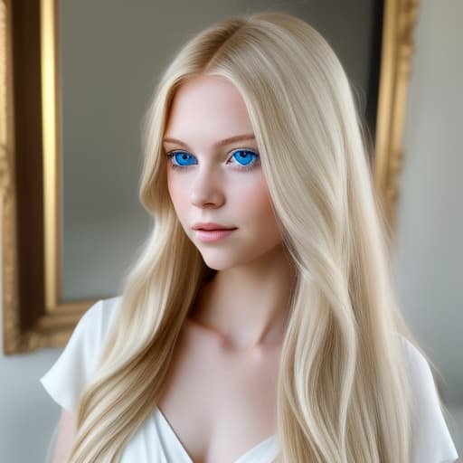  Portrait of a young woman with long blond flowing hair and soft blue eyes in a v-neck white dress Elegant