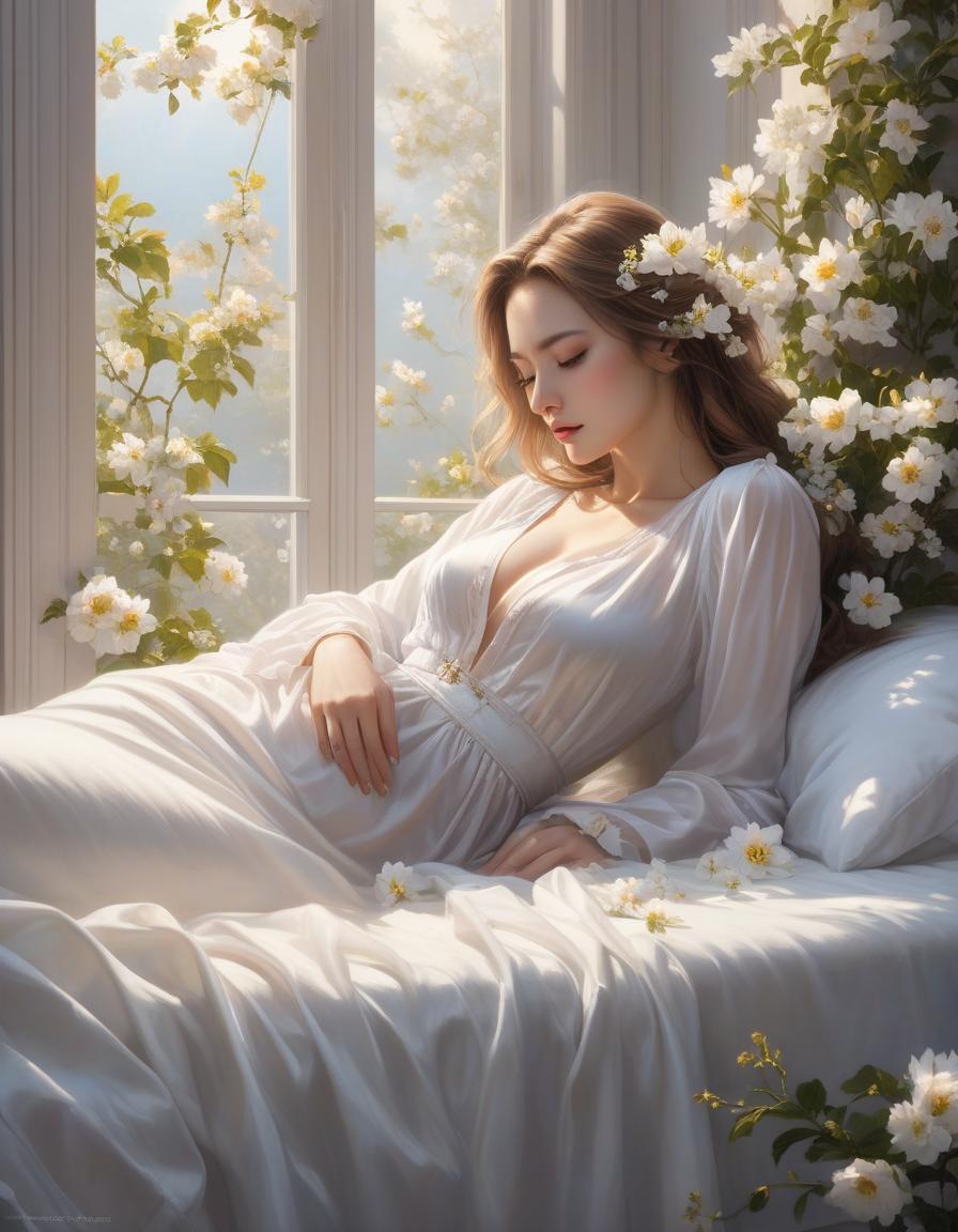  hyperrealistic art A woman is peacefully asleep amid white sheets and blooming flowers, with soft light streaming through a window. a woman laying on top of a bed next to a window, a photorealistic painting, inspired by Magali Villeneuve, trending on Artstation, fantasy art, girl in a bed of flowers, soft pale golden skin, portrait of a woman sleeping, in the early morning, jingna zhang . extremely high resolution details, photographic, realism pushed to extreme, fine texture, incredibly lifelike hyperrealistic, full body, detailed clothing, highly detailed, cinematic lighting, stunningly beautiful, intricate, sharp focus, f/1. 8, 85mm, (centered image composition), (professionally color graded), ((bright soft diffused light)), volumetric fog, trending on instagram, trending on tumblr, HDR 4K, 8K