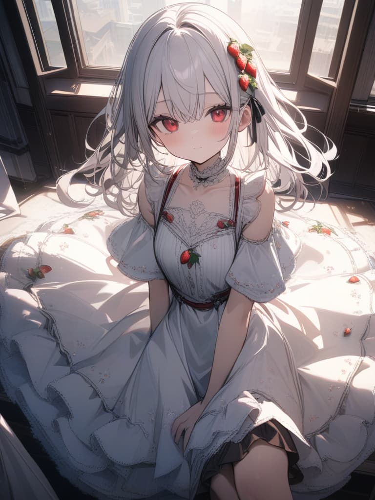  Cute, young face, red eyes, white hair, strawberry hair ornaments, half twin, fluffy hair, white and strawberry dresses, frills, whole body, masterpiece, best quality,8k,ultra detailed,high resolution,an extremely delicate and beautiful,hyper detail