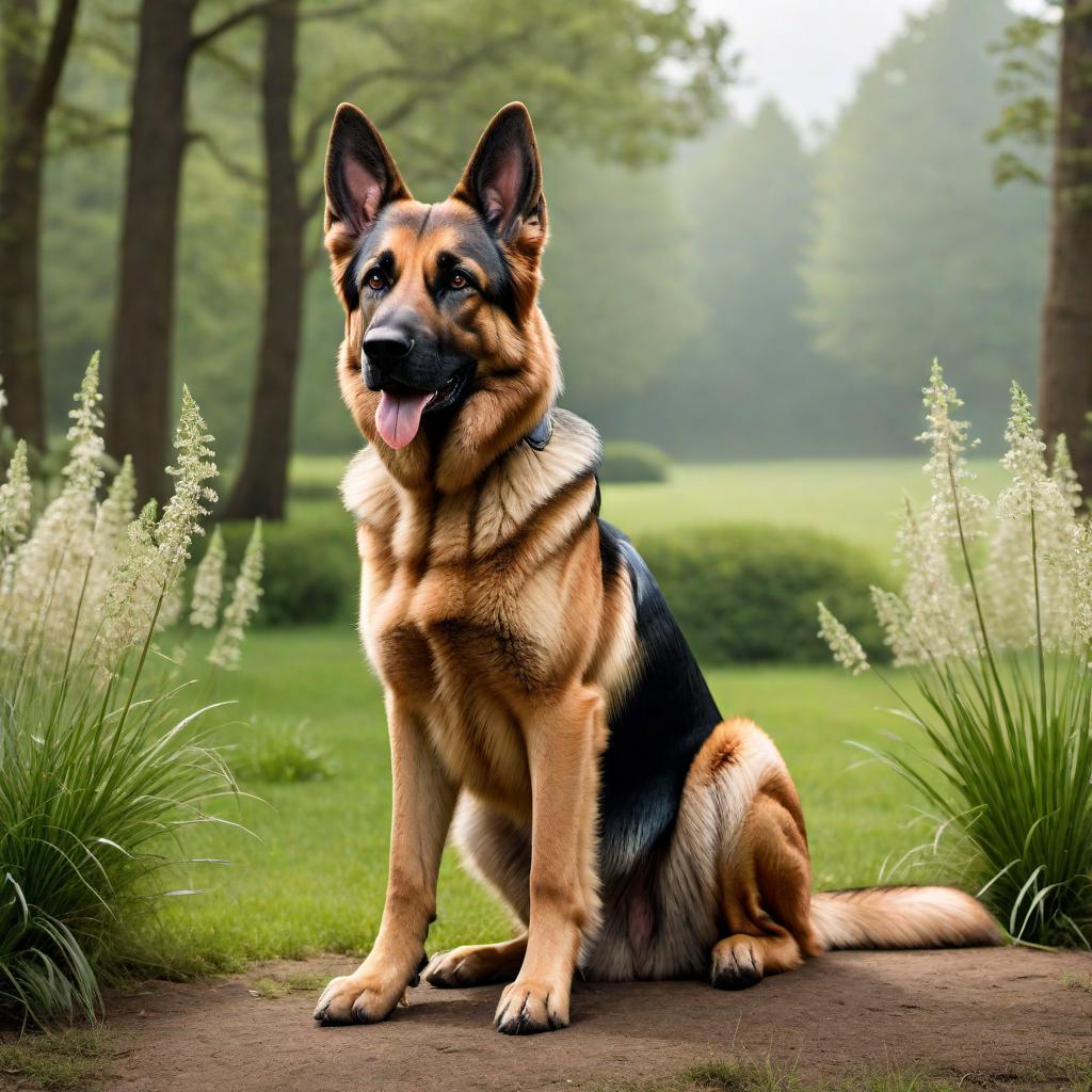  A hyper-realistic picture of a German Shepherd sitting proudly. The dog should have its ears perked up, a confident stance, and be in a natural outdoor setting, such as a grassy field or park. The background should be bright with clear skies, showcasing the dog's majestic appearance. hyperrealistic, full body, detailed clothing, highly detailed, cinematic lighting, stunningly beautiful, intricate, sharp focus, f/1. 8, 85mm, (centered image composition), (professionally color graded), ((bright soft diffused light)), volumetric fog, trending on instagram, trending on tumblr, HDR 4K, 8K